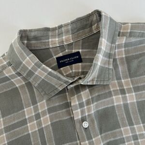 Proper Cloth Linen Shirt Short Sleeve Button Up Plaid Size L Sage Green Beige